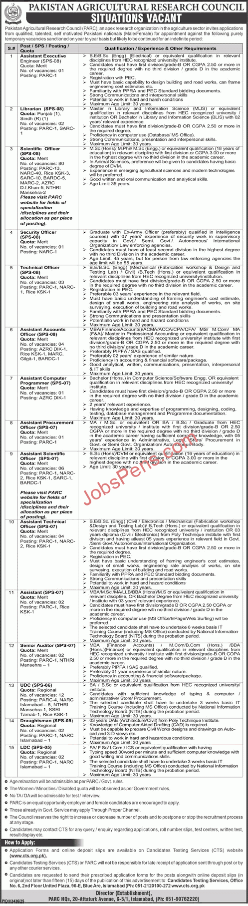 Pakistan Agricultural Research Council Jobs 2025